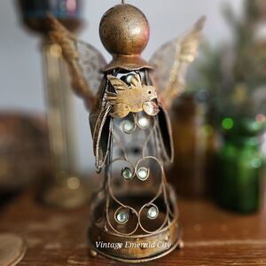 Vtg Metal Filigree Angel Garden Statue 15" Bronze Color Green Glass Taper Decor
